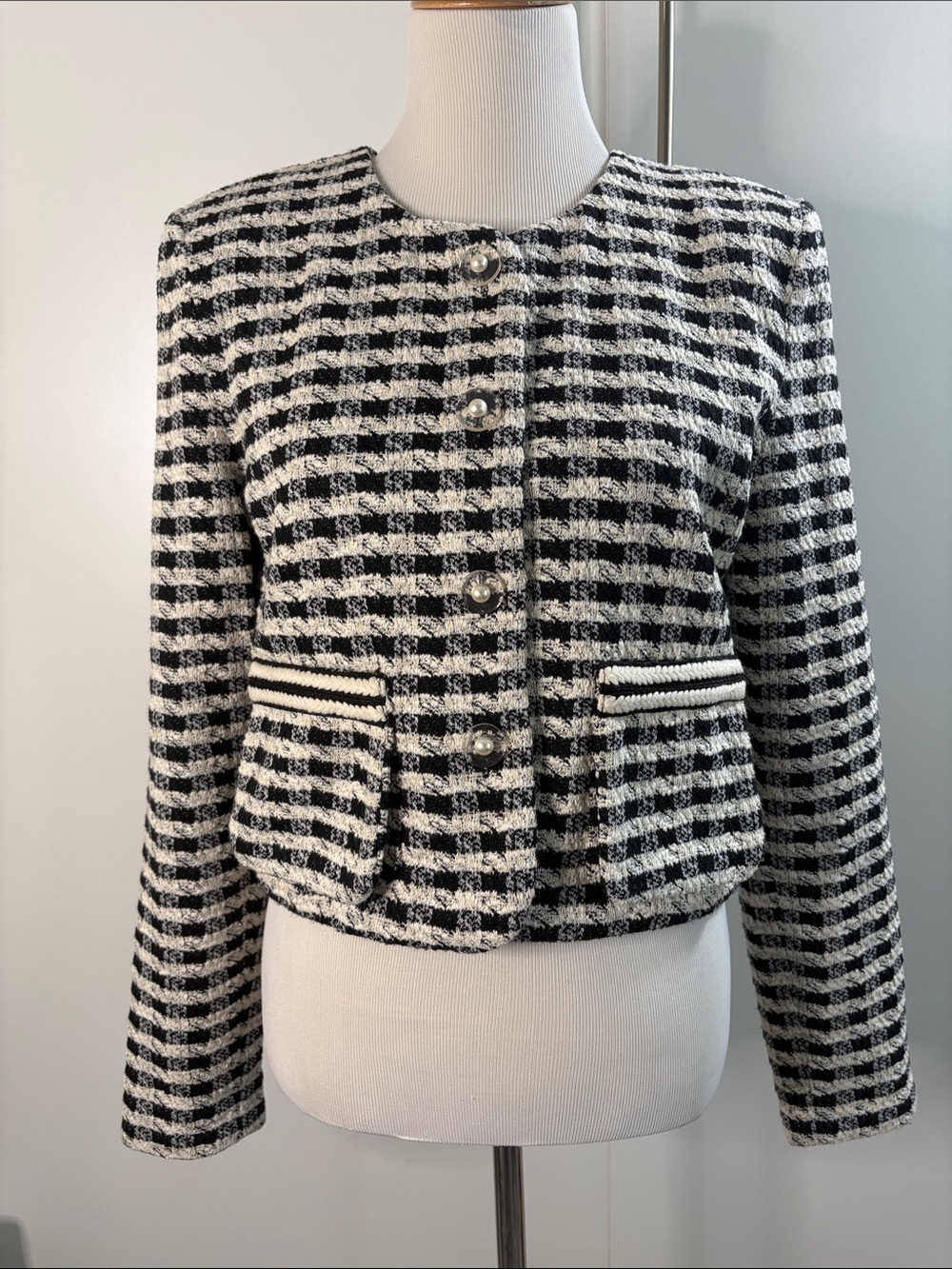 Ramy Brook Classic Black & White Tweed Jacket w Clear & Pearl Buttons | 10